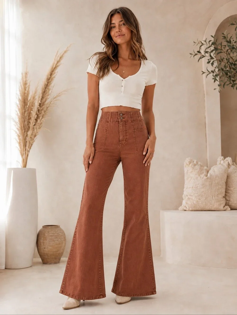 Free People We The Free Jayde High Rise Flare Jeans Rust Brown Size 32 NWT